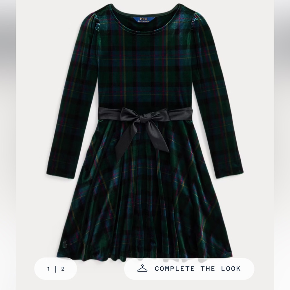 Ralph Lauren Green Plaid Velvet Dress with Black Bow